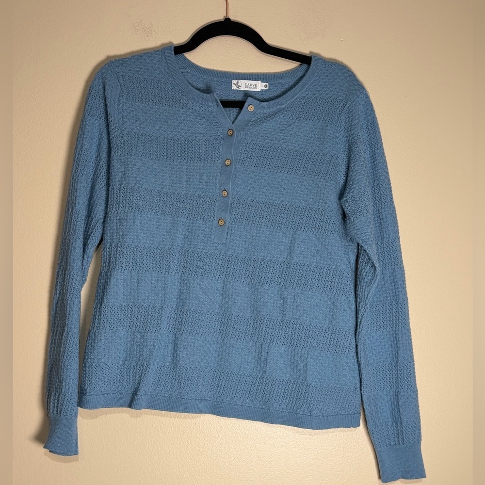 Carve Designs Light Blue Scoop wool blend Henley Sweater - Women's